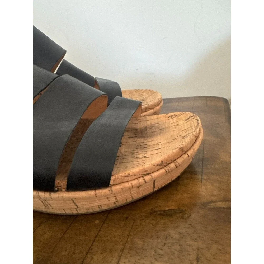 Kork-Ease Black Leather Cork Wedge Slide Sandals Comfort Womens 10M